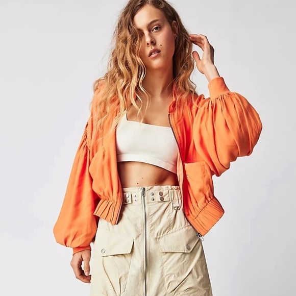 Free People Womens On Pointe Bomber Jacket Zip Front Slouchy Orange Size Small - Picture 3 of 14